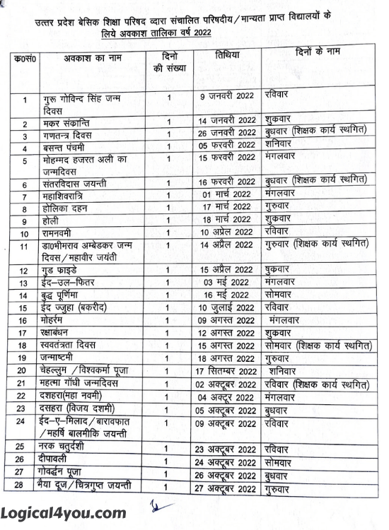 Basic Shiksha Parishad Holiday list Basic Shiksha Parishad Holiday List PDF 2022 Download